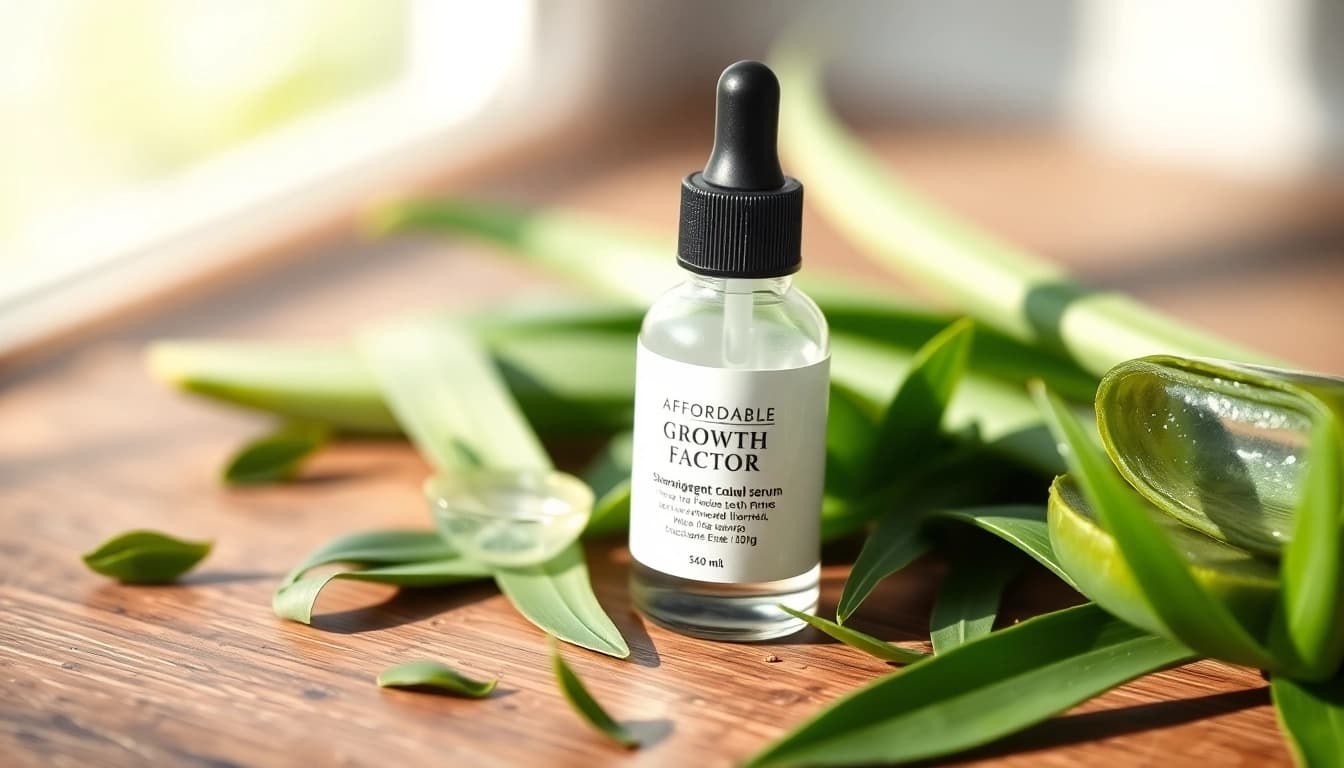 Admiring the affordable growth factor serum in natural skincare setting with green tea and aloe.