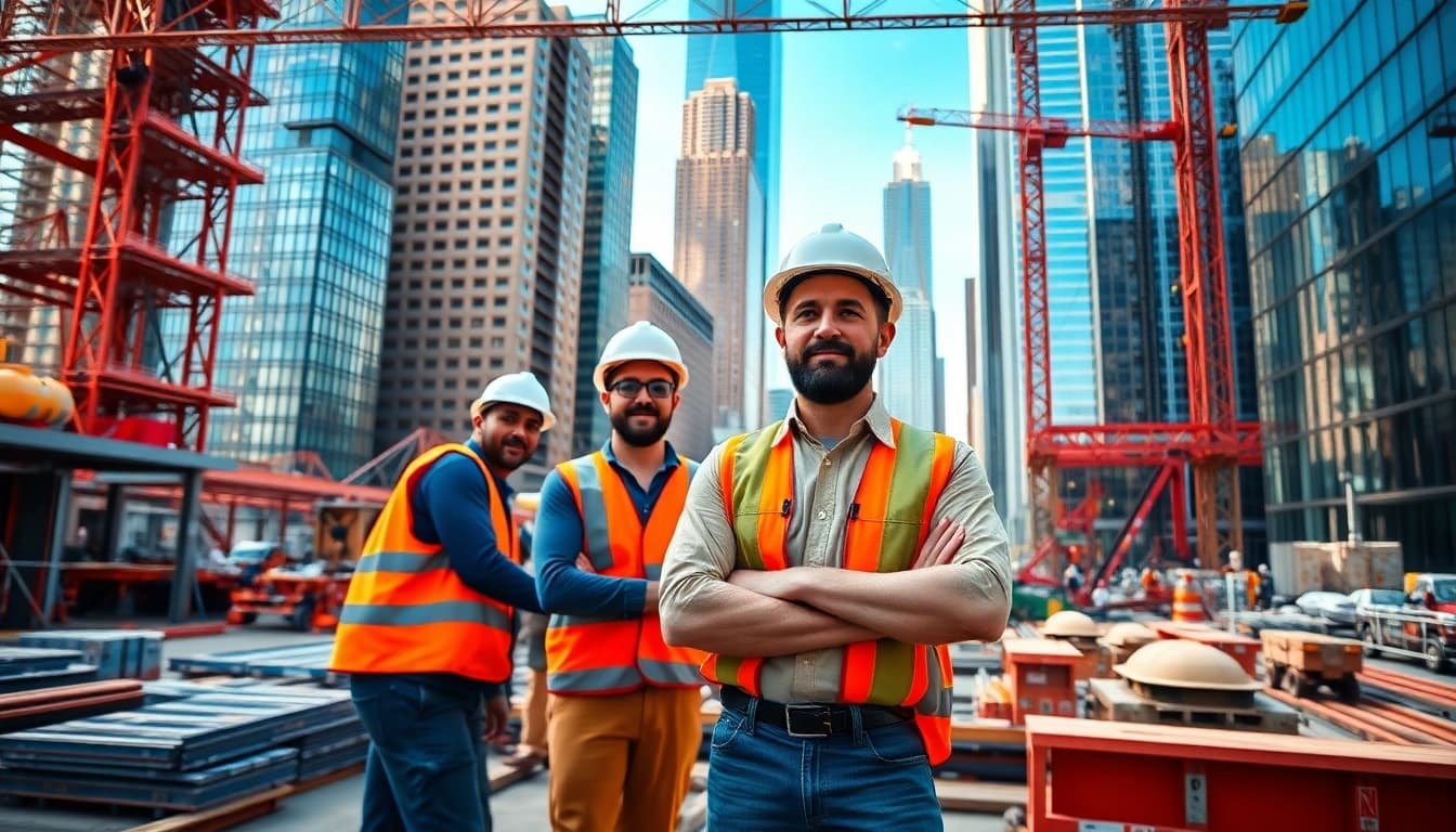 New York City General Contractor managing a bustling urban construction site with professional teams.