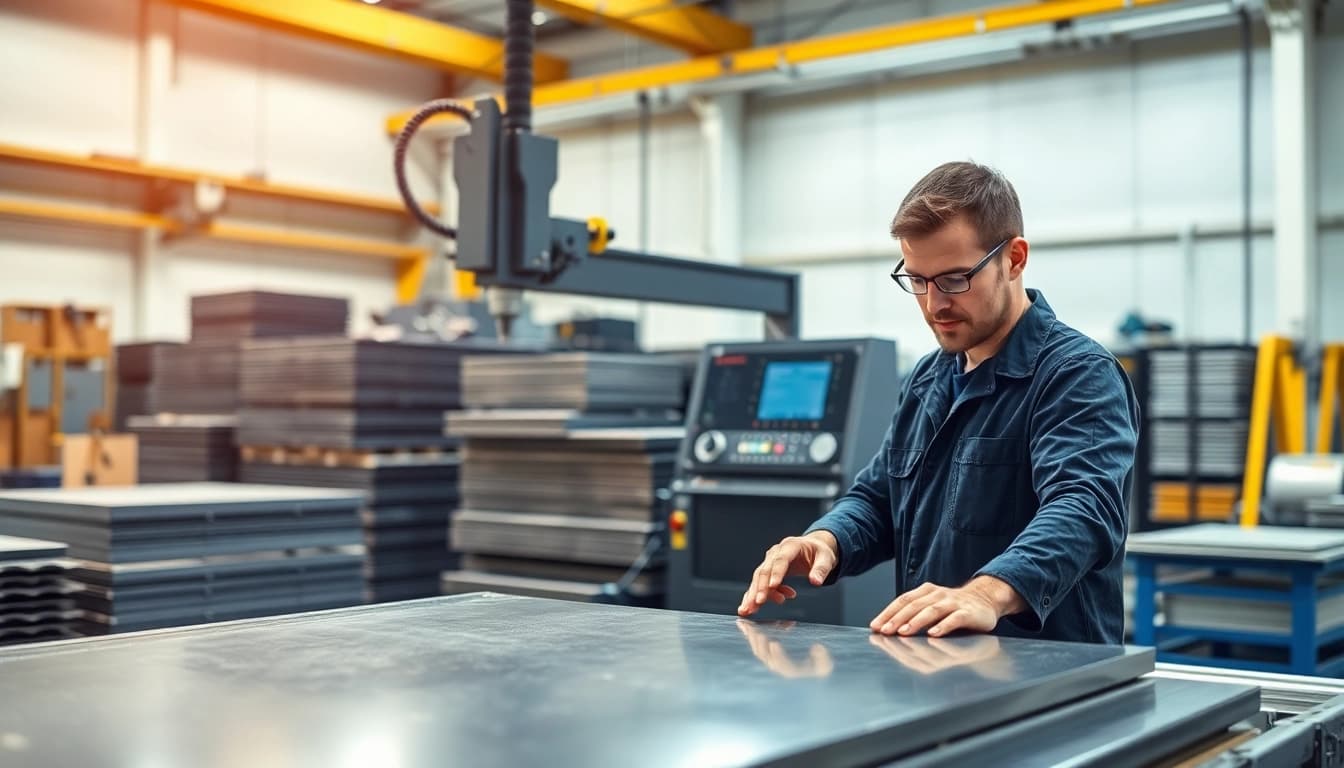 Precision plate cutting in a workshop showcasing advanced machinery and a skilled technician.