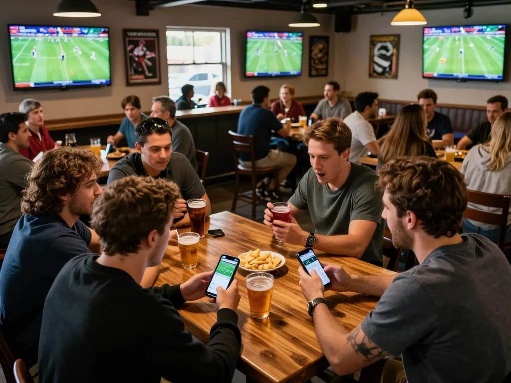 Engaging group excitedly following Trực tiếp bóng đá CakhiaTV at a vibrant sports bar, showcasing the thrill of game day.