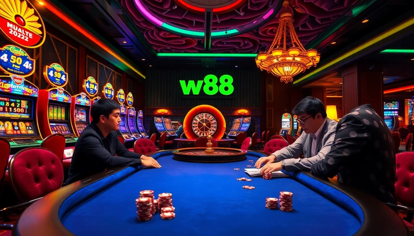 Players enjoying a thrilling poker game at a w88 casino table amidst vibrant decor.