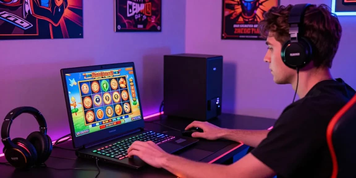 Koitoto gaming scene with player enjoying vibrant slot game experience on laptop and colorful graphics