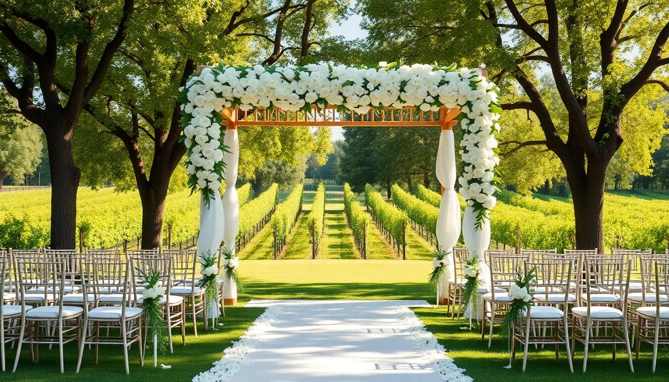 Captivating Clarksburg ca weddings setup featuring a floral arbor in a vineyard.