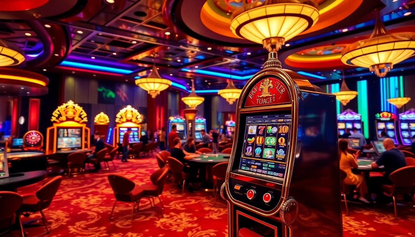 Rasakan sensasi Slot Thailand dalam suasana kasino yang hidup dengan mesin slot mewah dan pemain yang terlibat.