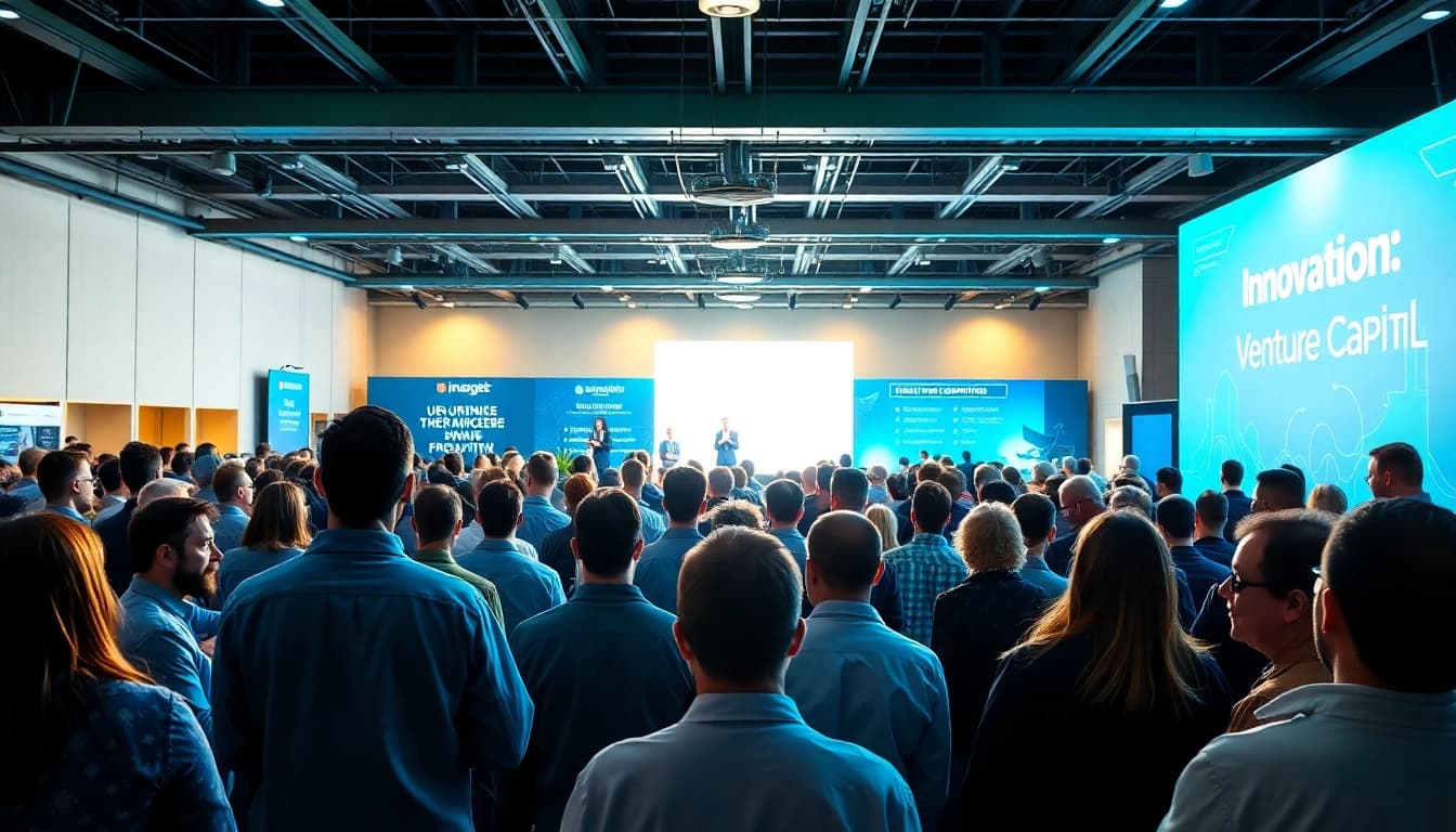 Engaged attendees networking at a venture capital and startup conference showcasing vibrant collaboration.