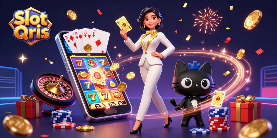 Playing Slot Qris immerses players in a vibrant casino experience with gold coins and celebratory elements.