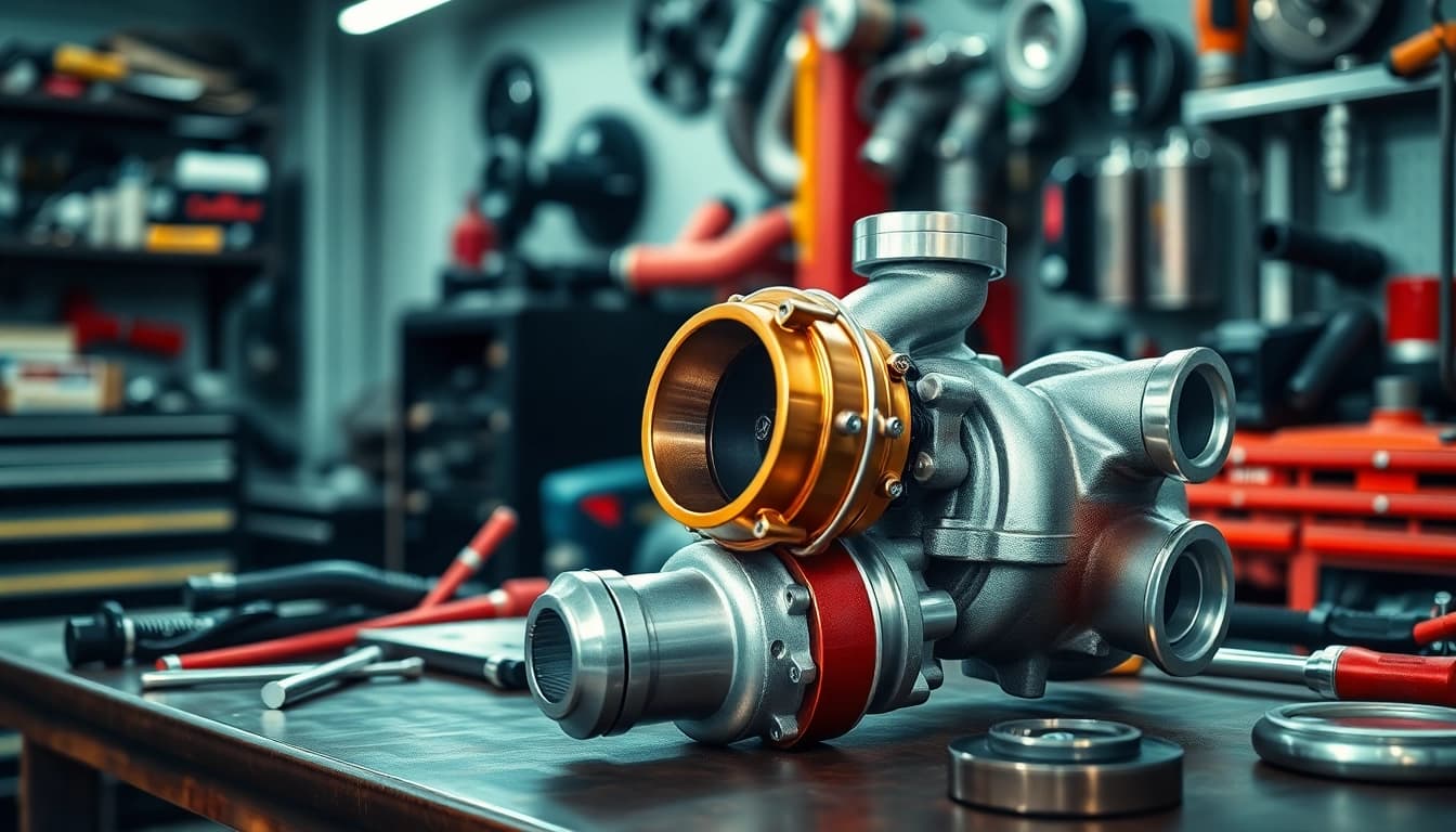 Turbosmart turbo system showcased in an automotive workshop, highlighting performance and engineering.