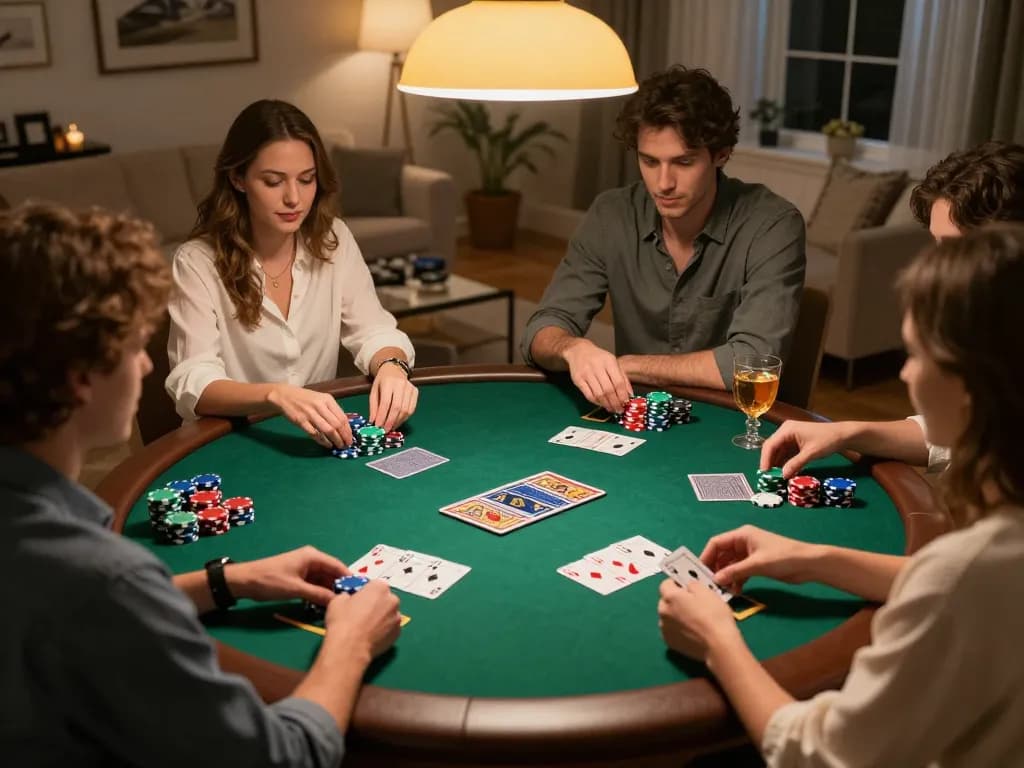 Friends enjoying a poker game at home, showcasing tg88's vibrant atmosphere and strategic play.