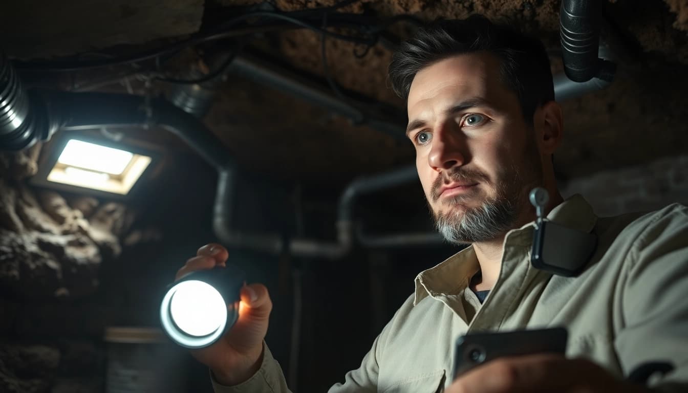 Crawl space pest control expert inspecting for pests in a dimly lit environment.