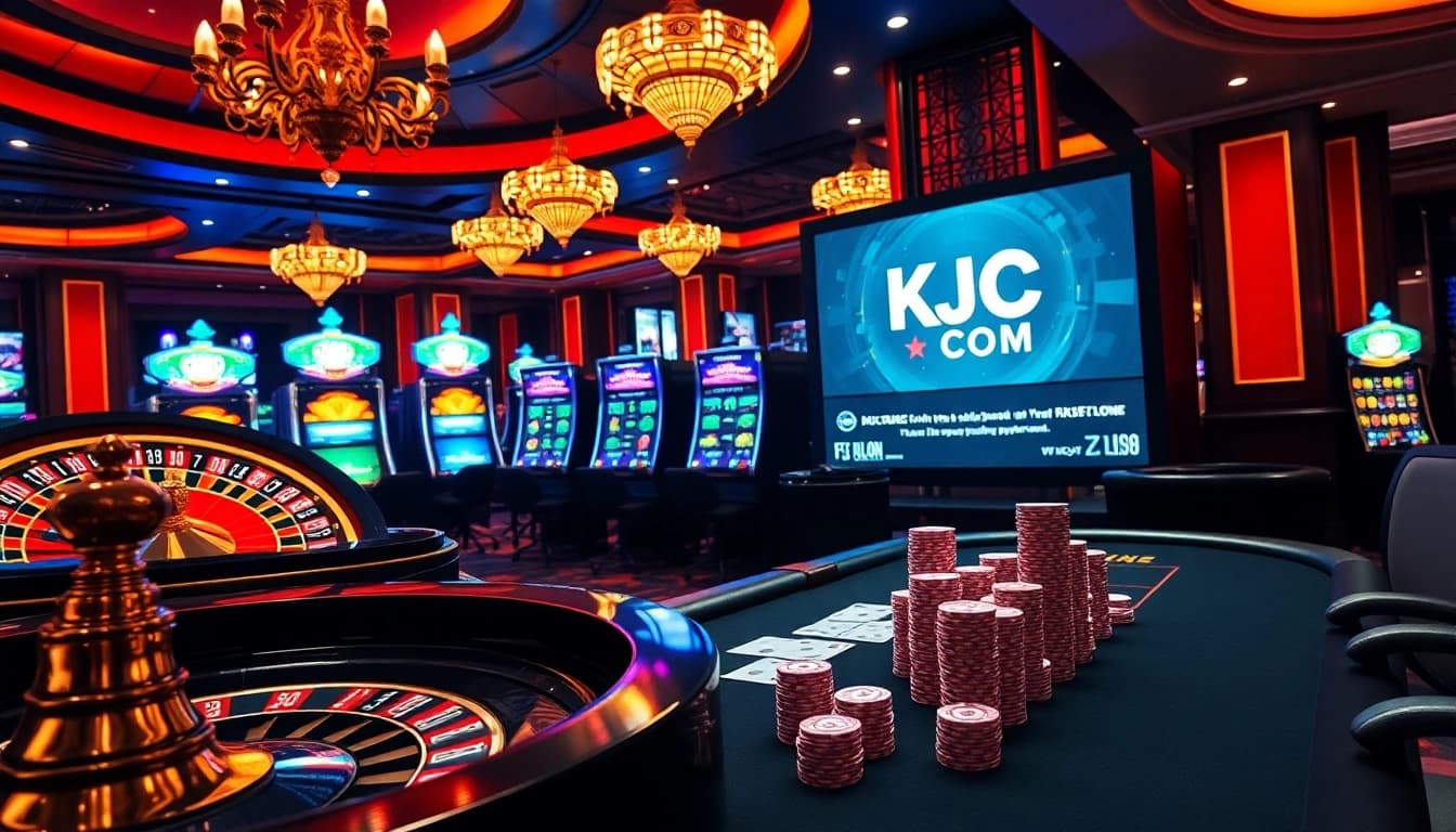 Experience the thrill of gaming at KJC COM with a vibrant casino scene featuring poker and roulette.