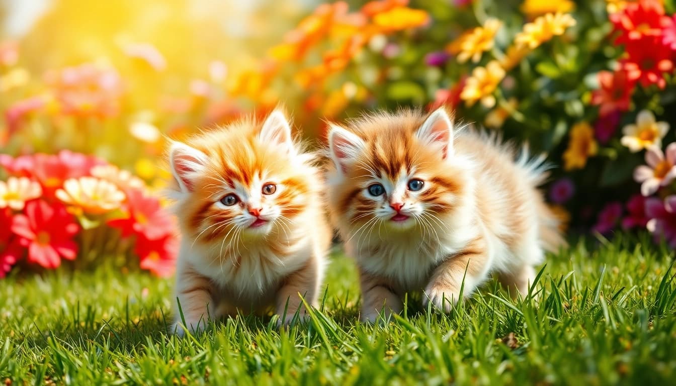 Maine Coon kittens for sale San Francisco playing in a sunlit garden, showcasing their fluffy textures and playful nature.