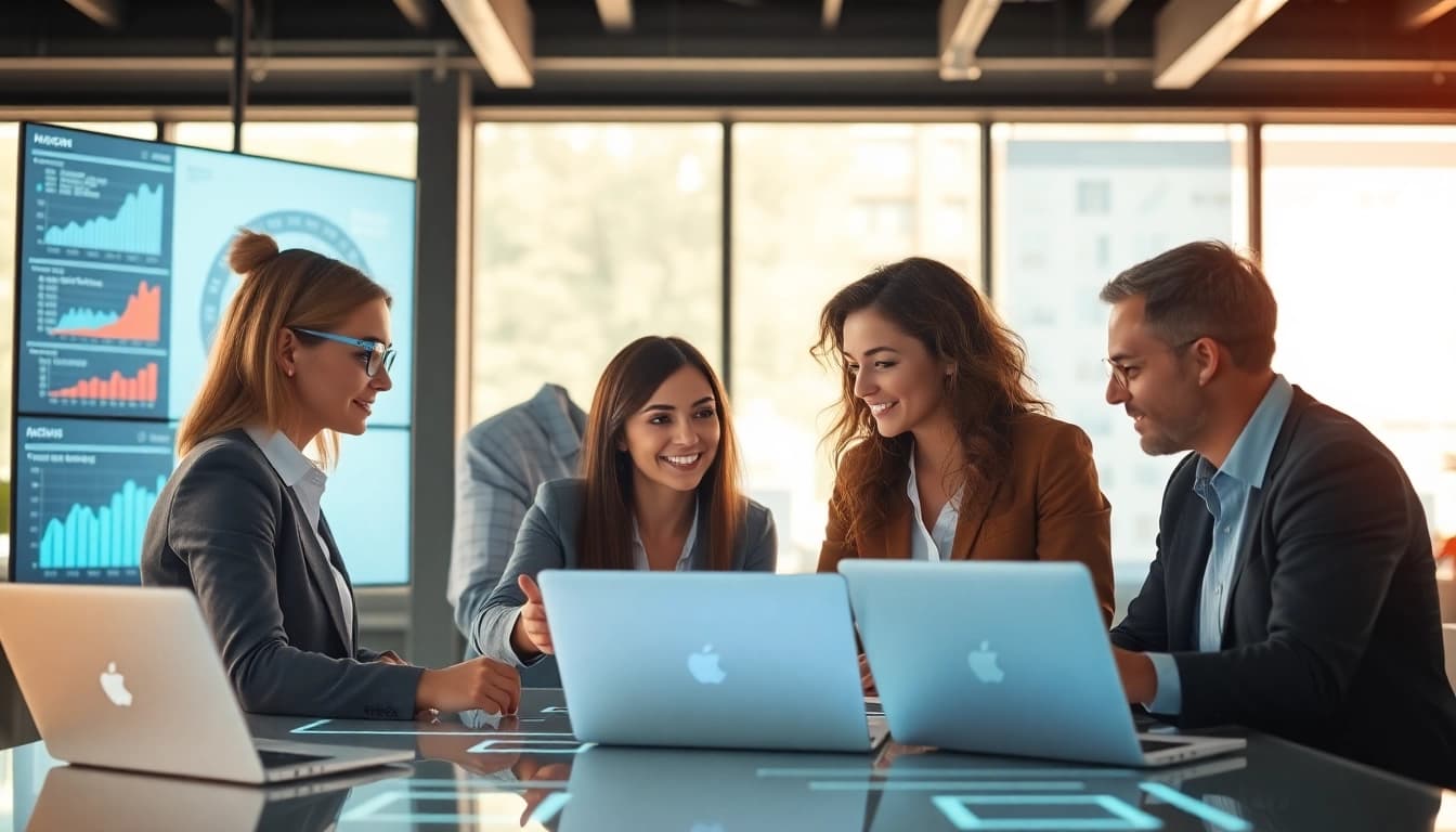 Klynt team collaborating with cutting-edge technology in a modern workspace.