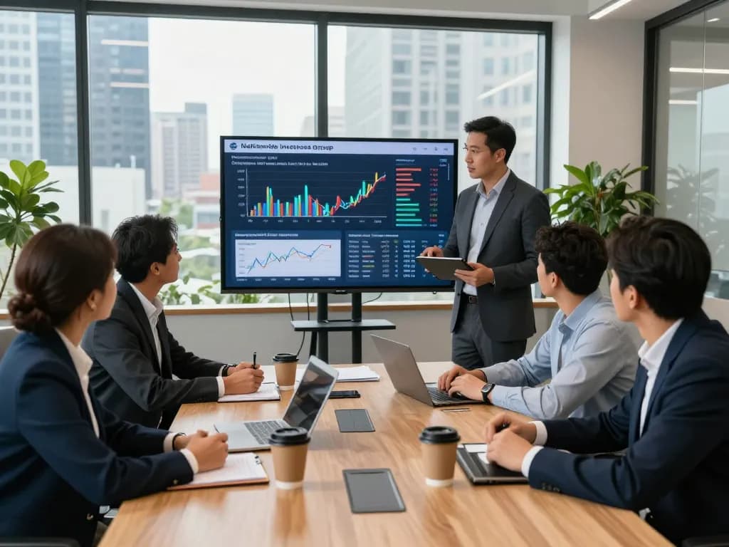 Team discussing strategies for the Nationwide investors group in a modern office.