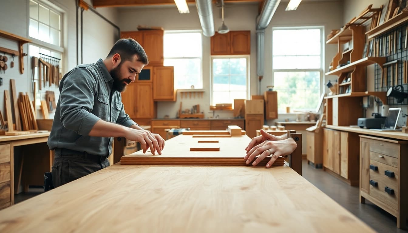 Craftsmanship of cabinet makers demonstrating skills and intricate designs in a bright workshop.