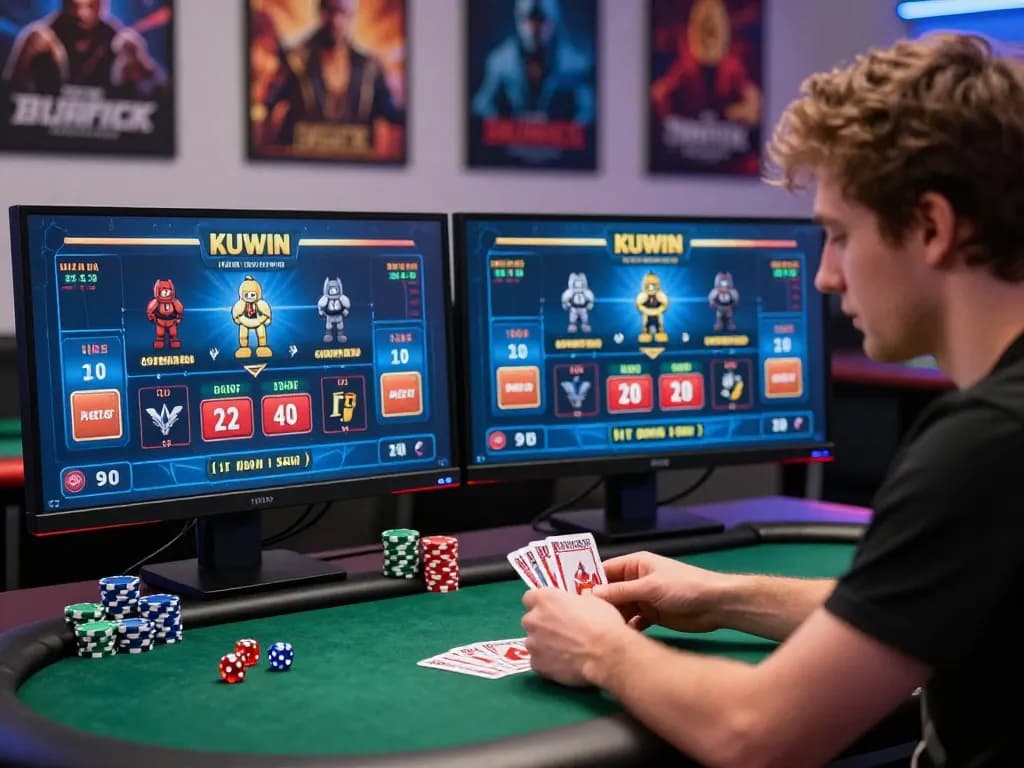 Kuwin player strategizing at a dual-monitor online poker setup with focused expression and gaming accessories.