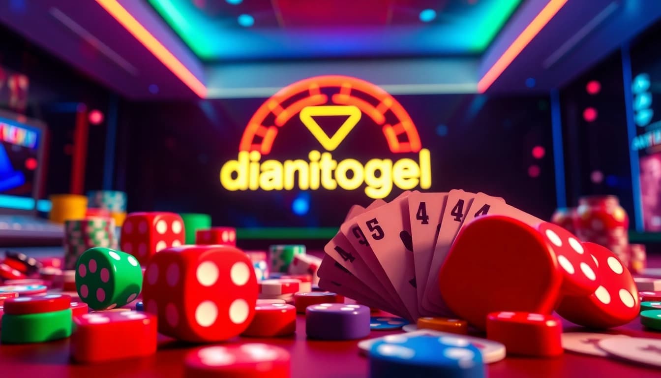 Menampilkan diantogel logo dengan elemen permainan, dadu, dan kartu yang dinamis.