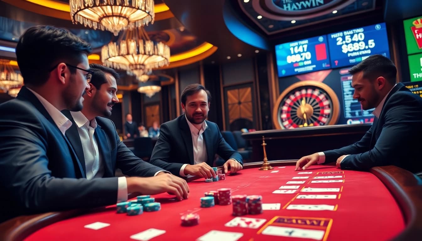 High-stakes poker game at Haywin casino showcasing excitement and professional atmosphere.