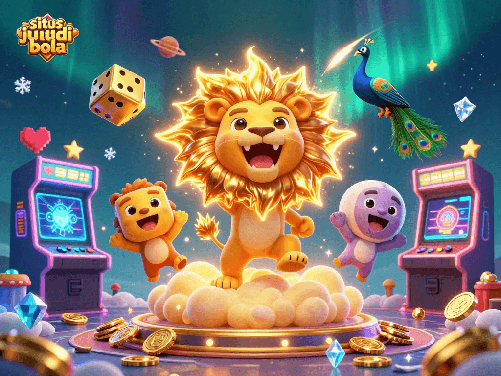 Engage in situs judi bola excitement with a dynamic 3D illustration featuring a lion, golden dice, and vibrant gaming elements.