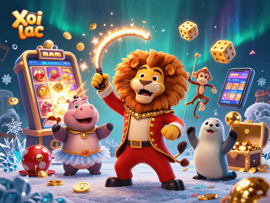 Xoi lac showcases a vibrant casino scene with cartoon characters amidst bursting jackpots and festive elements.