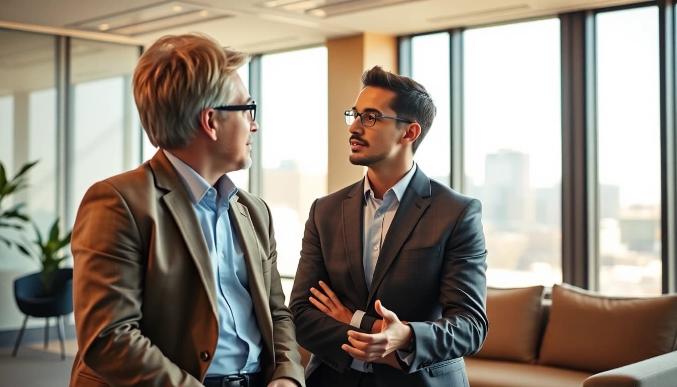 Engaging Washington DC Venture Capital Lawyer consulting with a startup founder in a modern office.
