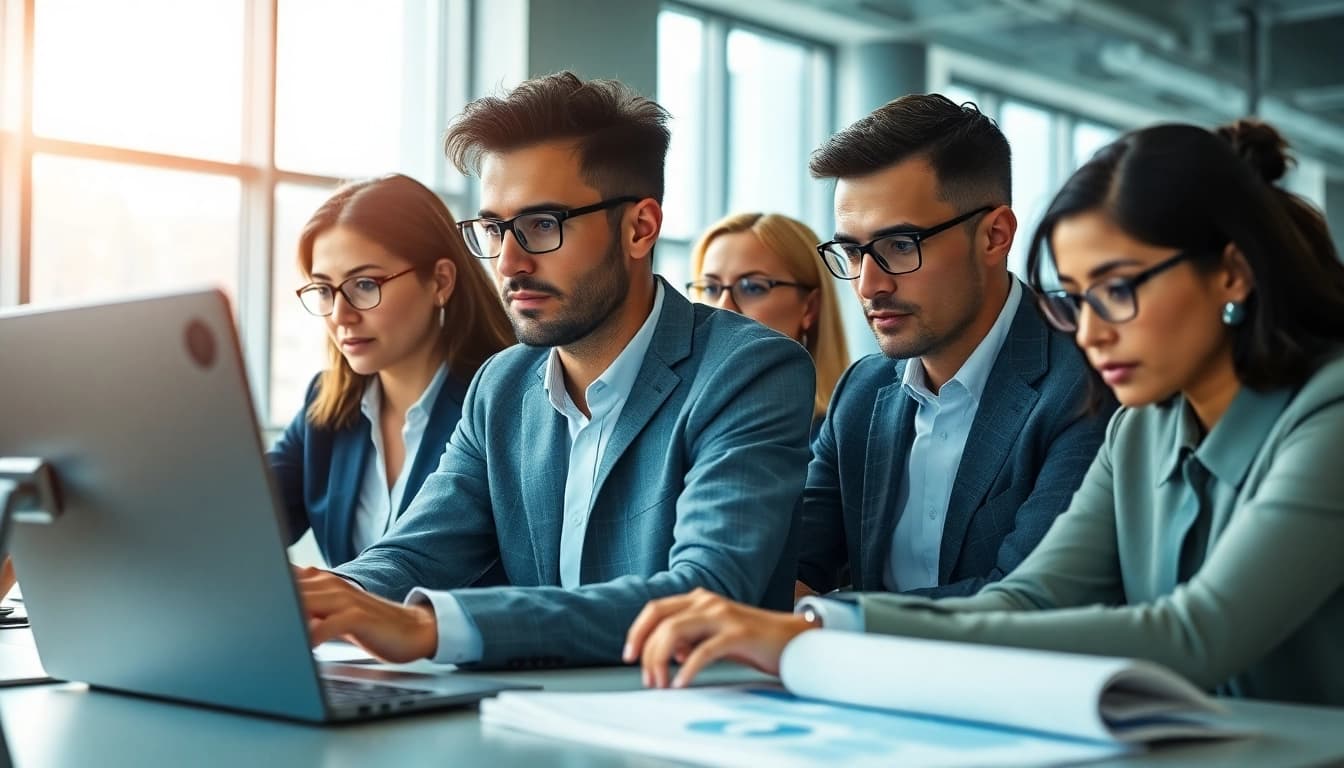 Utilizing a sales navigator scraper in a dynamic office environment, showcasing focused professionals.