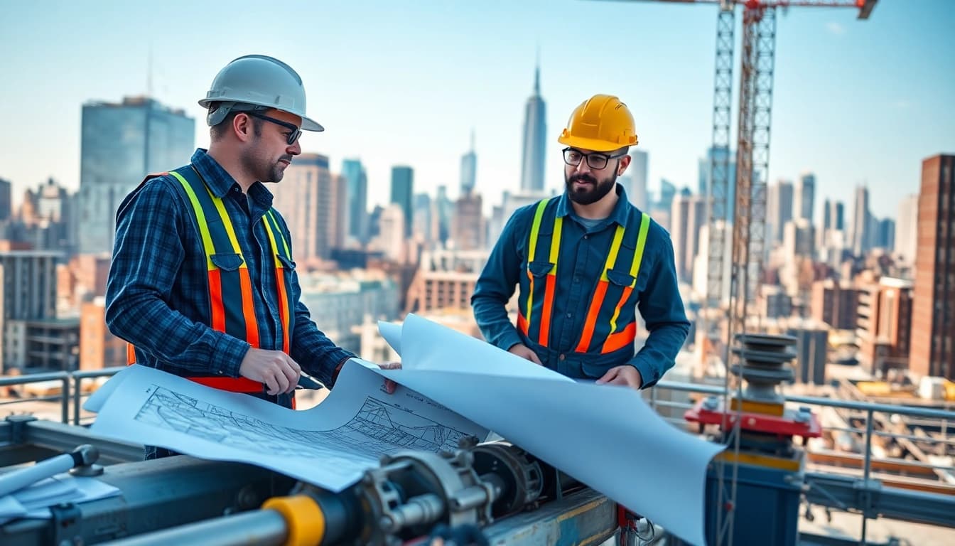New York General Contractor supervising a bustling construction site with blueprints and urban skyline.