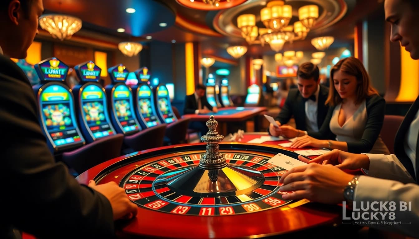 Cảnh casino hấp dẫn tại LUCK8 với người chơi tham gia blackjack và roulette.