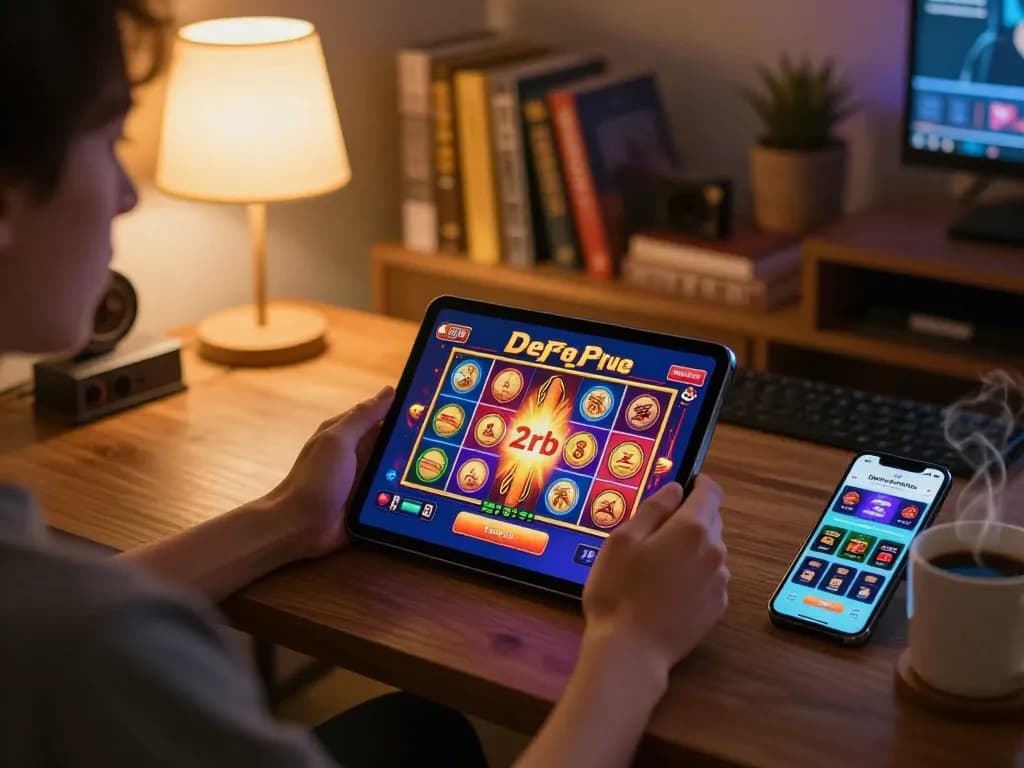 Engaging in exciting online gameplay with slot deposit 2rb option displayed on tablet screen in cozy home setting.