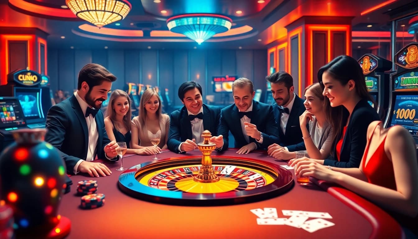 Scène passionnante de casino en ligne illustrant les caractéristiques du meilleur casino en ligne, mettant en vedette la roulette, les machines à sous et des joueurs engagés.