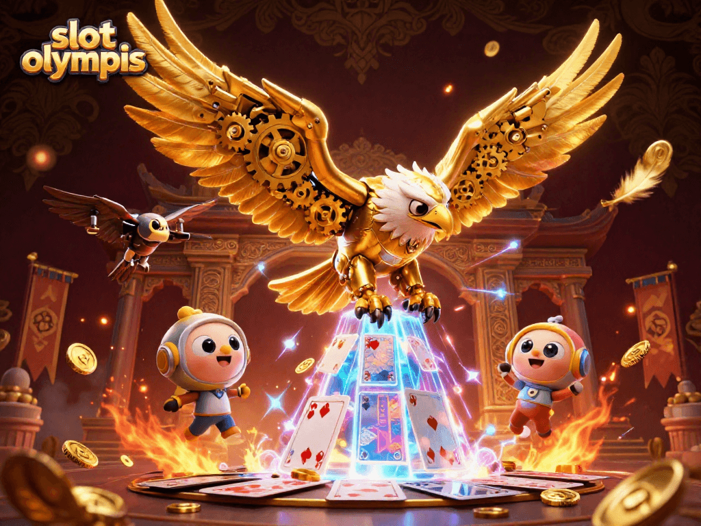 Experience thrilling gameplay in slot olympus with a golden eagle amid swirling cards and coins.