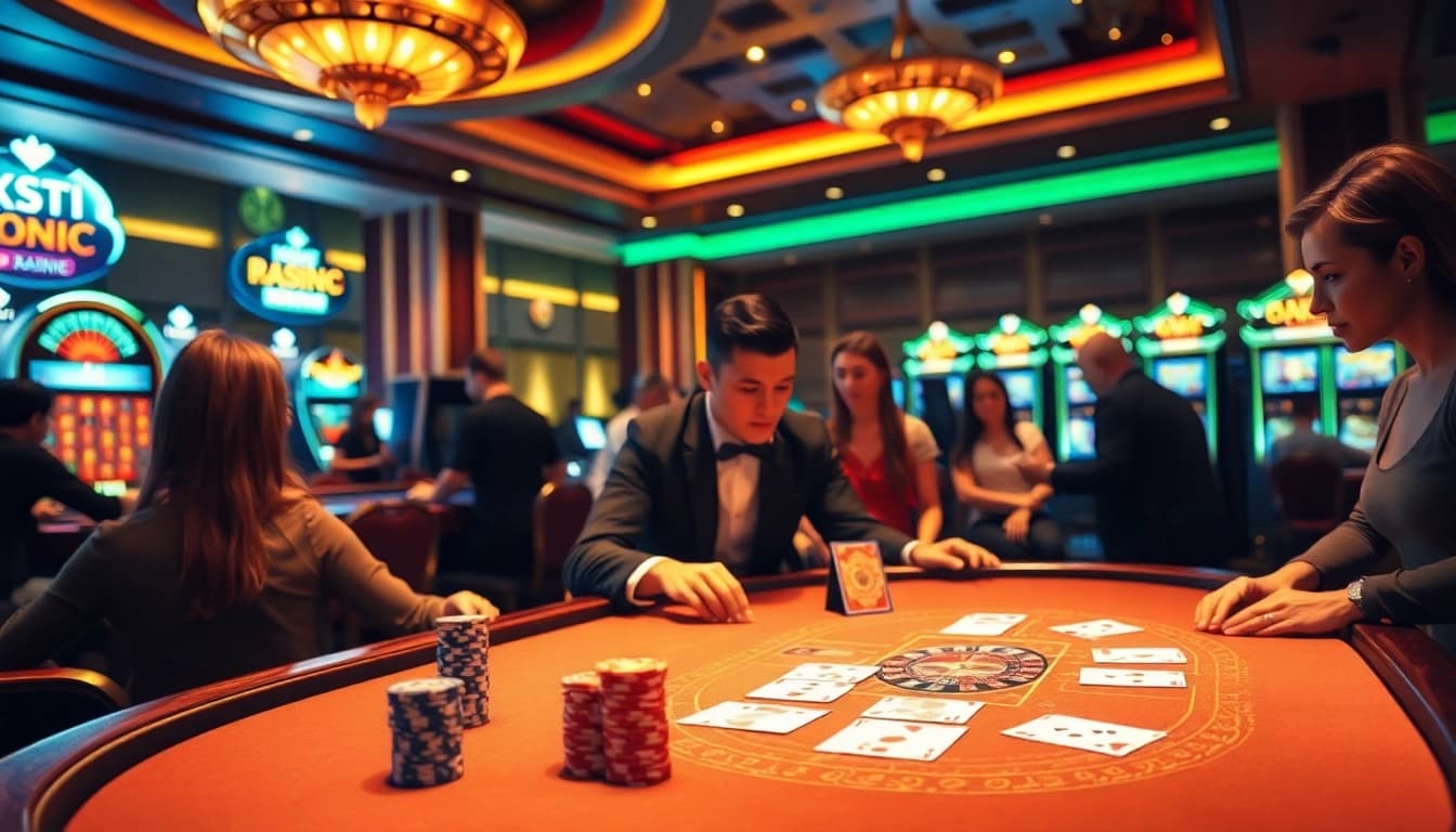 Engaged gamblers strategizing at nhà cái Jun88 casino table with cards, chips, and slots.