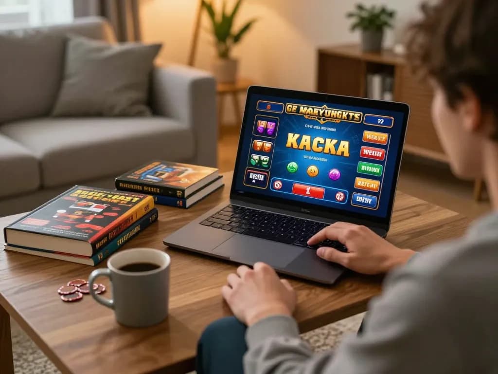 king33 player enjoying an online casino game on a laptop in a cozy home setting