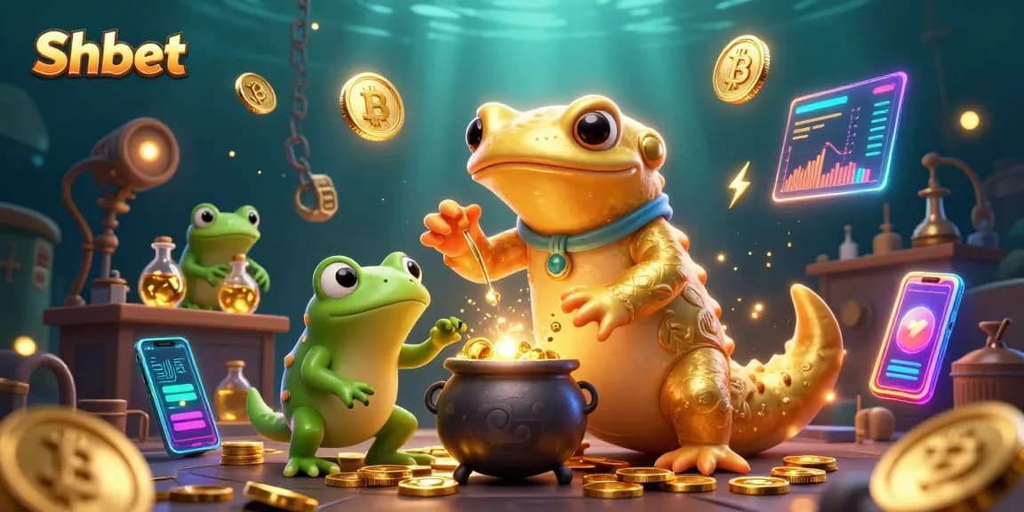 Experience Shbet's thrilling online games with a vibrant scene of a golden salamander alchemist.
