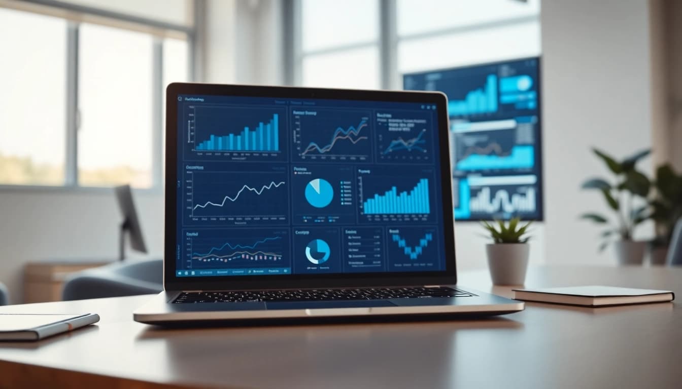 Engaging view of the https://benchbot.ai software interface on a stylish laptop, showcasing data analysis tools.