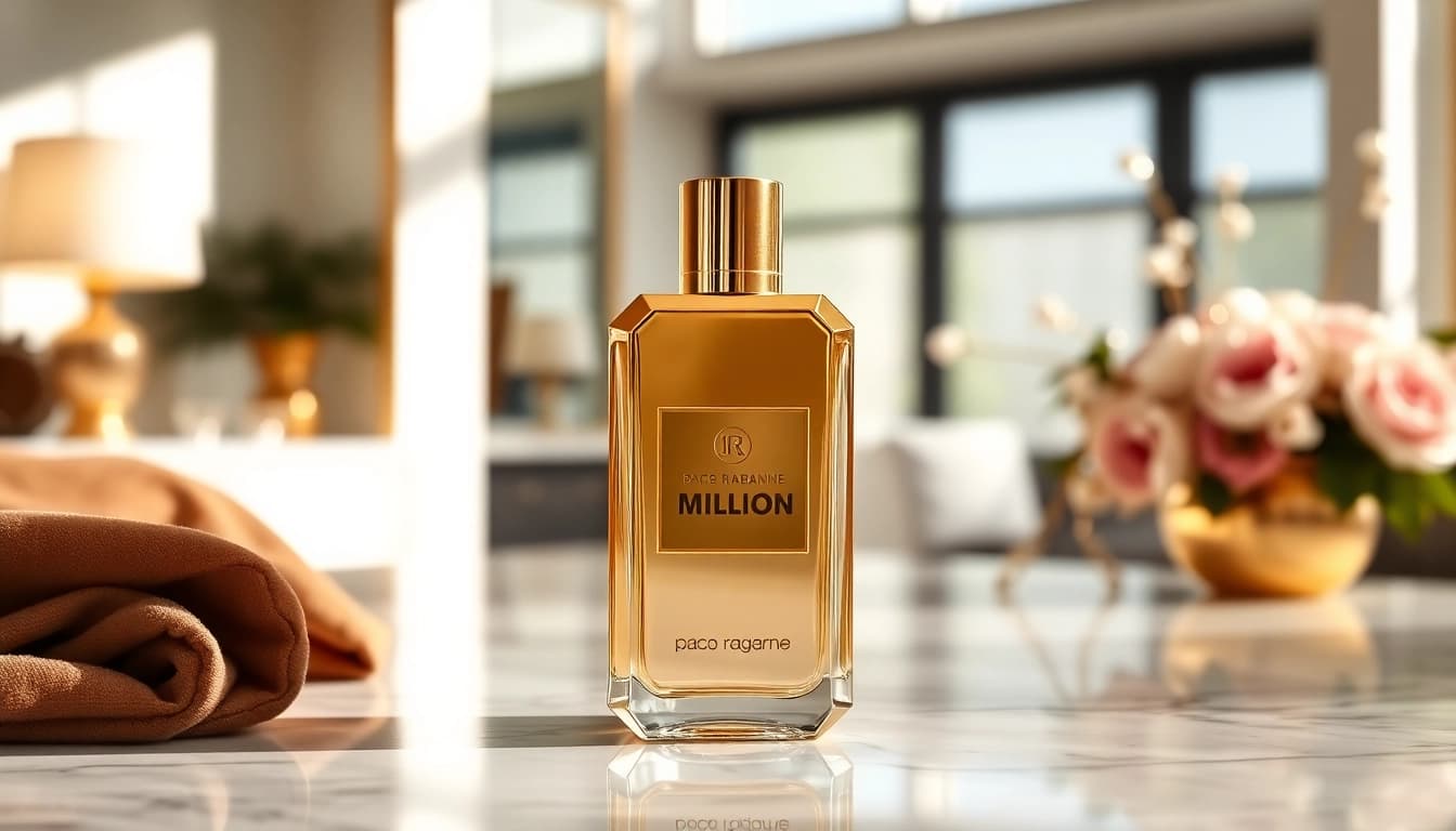 Admiring the luxurious Paco Rabanne 1 Million bottle surrounded by elegant decor.