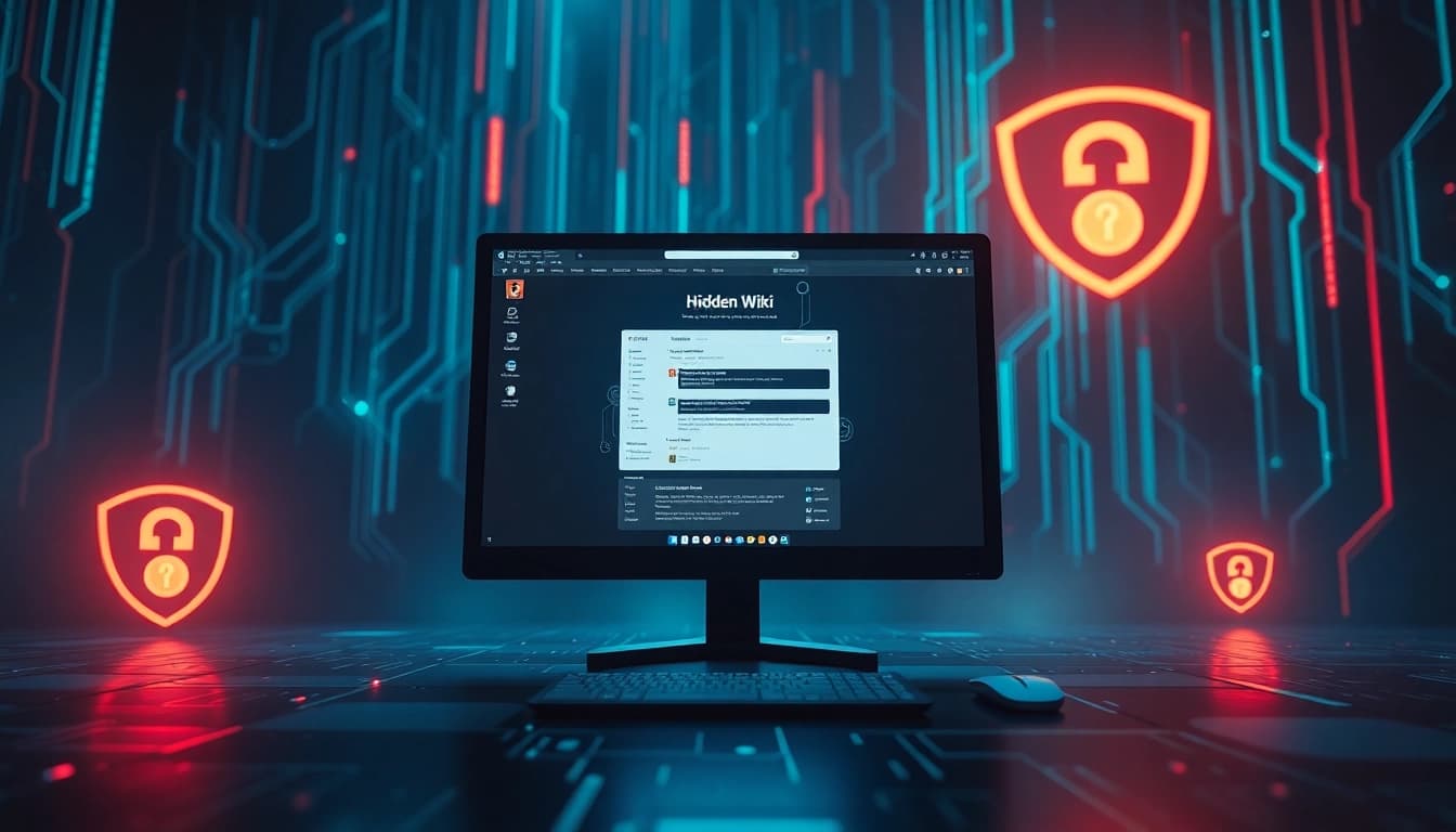 A digital representation of the Hidden Wiki tor interface highlighting secure dark web access.