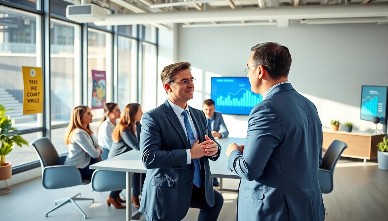 Corporate coach leading a dynamic workshop with executives in a modern office environment.