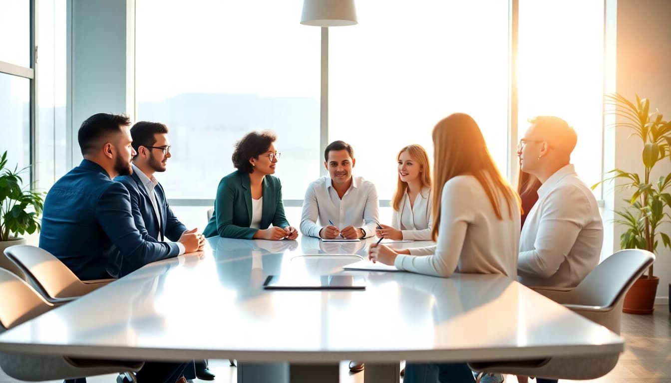 Engaging professionals in a bright office, illustrating a business coaching service.