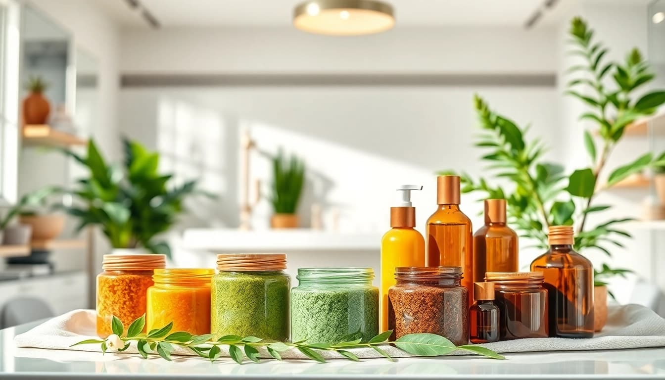Pasirinkite natūrali kosmetika iš įvairių stilingai išdėstytų produktų.