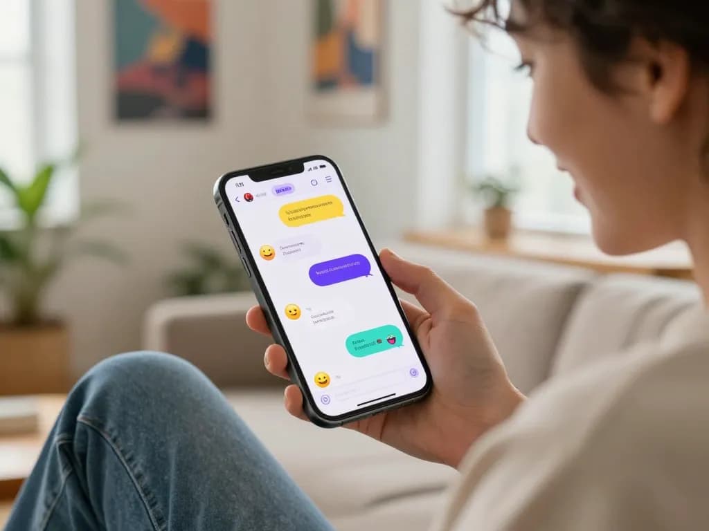 Engaging sex chat ai conversation on a smartphone with colorful chat bubbles and emojis in a cozy room setting.