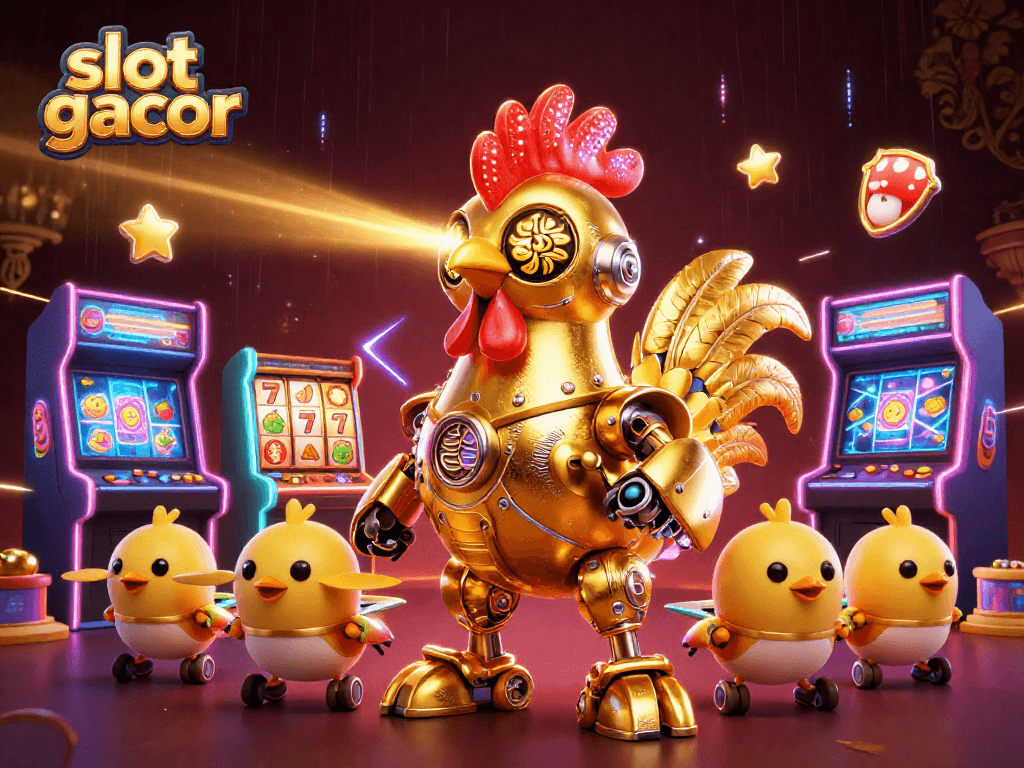Permainan slot gacor dengan robot ayam emas futuristik dan mesin arcade 3D yang bercahaya