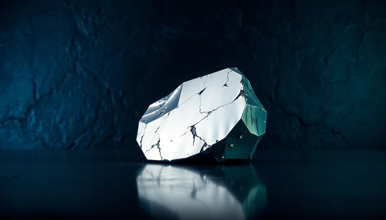 Discovering minerals rhodium with its lustrous surface highlighted against a textured background.