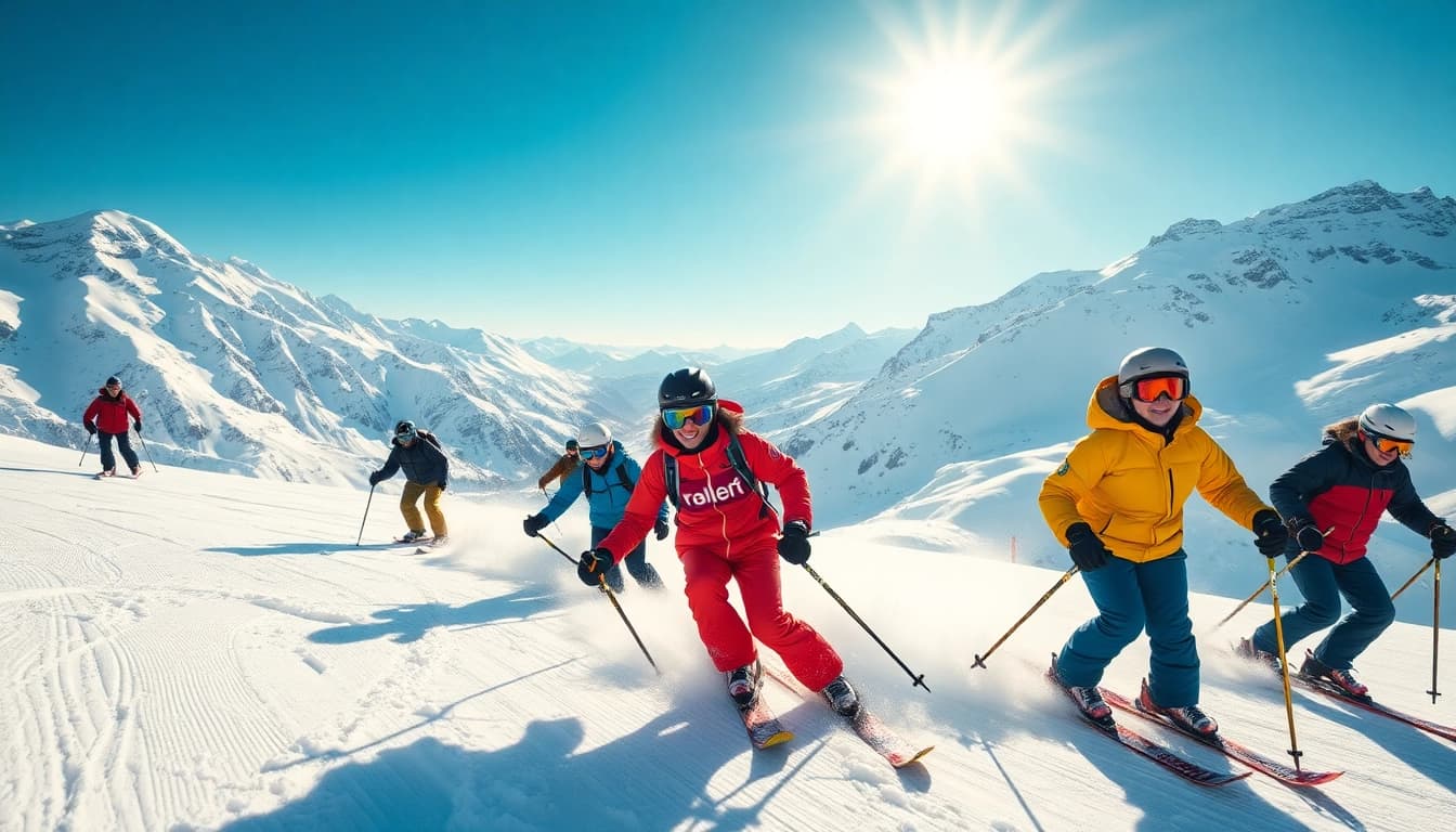 Showcasing the best brands for skiing, skiers effortlessly navigate fresh powder on a sunlit mountain.