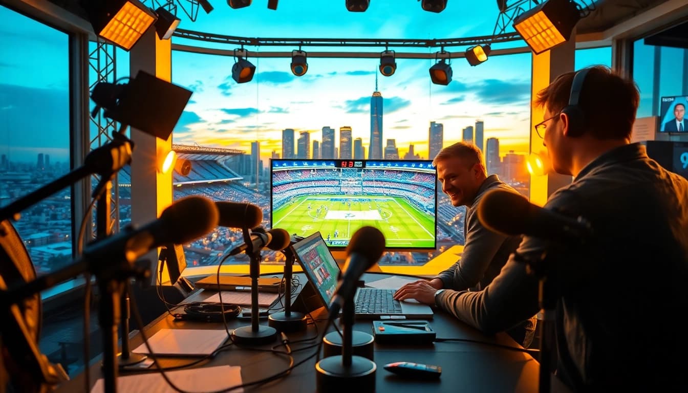 Host presenting Sports Broadcasting highlights in a vibrant studio setting.