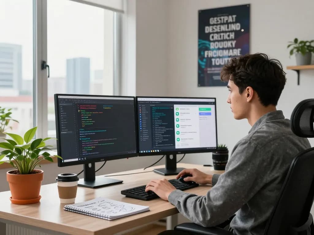 Developer integrating OpenClaw AI assistant in a modern home office setting with vibrant city view.
