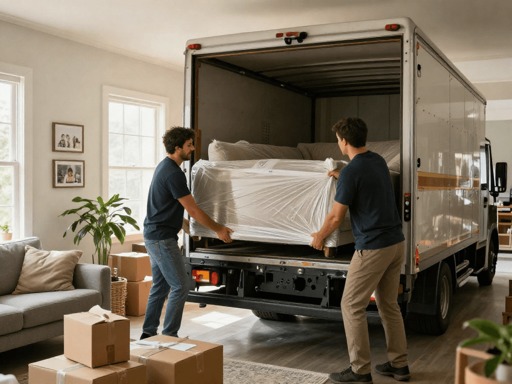 Professional movers loading a couch in a cozy living room for a seamless move.
