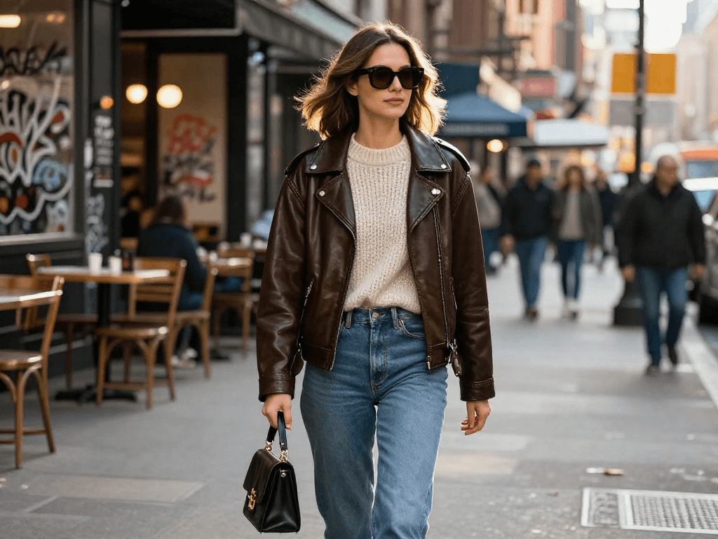 Stylish woman wearing leather jackets for women in an urban setting, walking confidently.