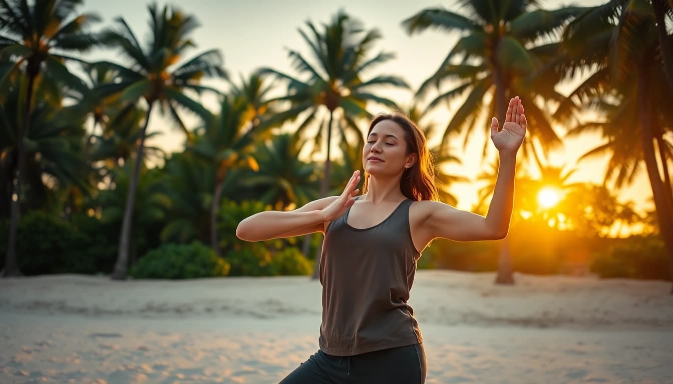 orbitnix.com의 요가 강사가 평화로운 해변에서 명상하는 모습