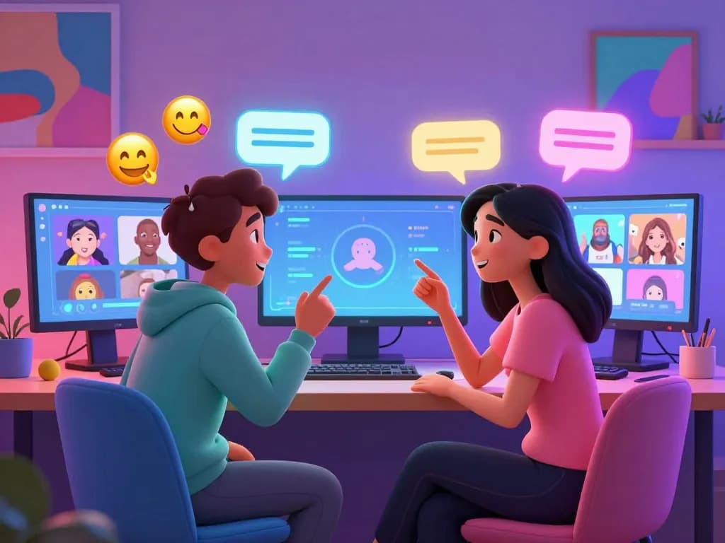 Engaging virtual scene illustrating nsfw ai chat with animated characters interacting in a stylish digital environment.