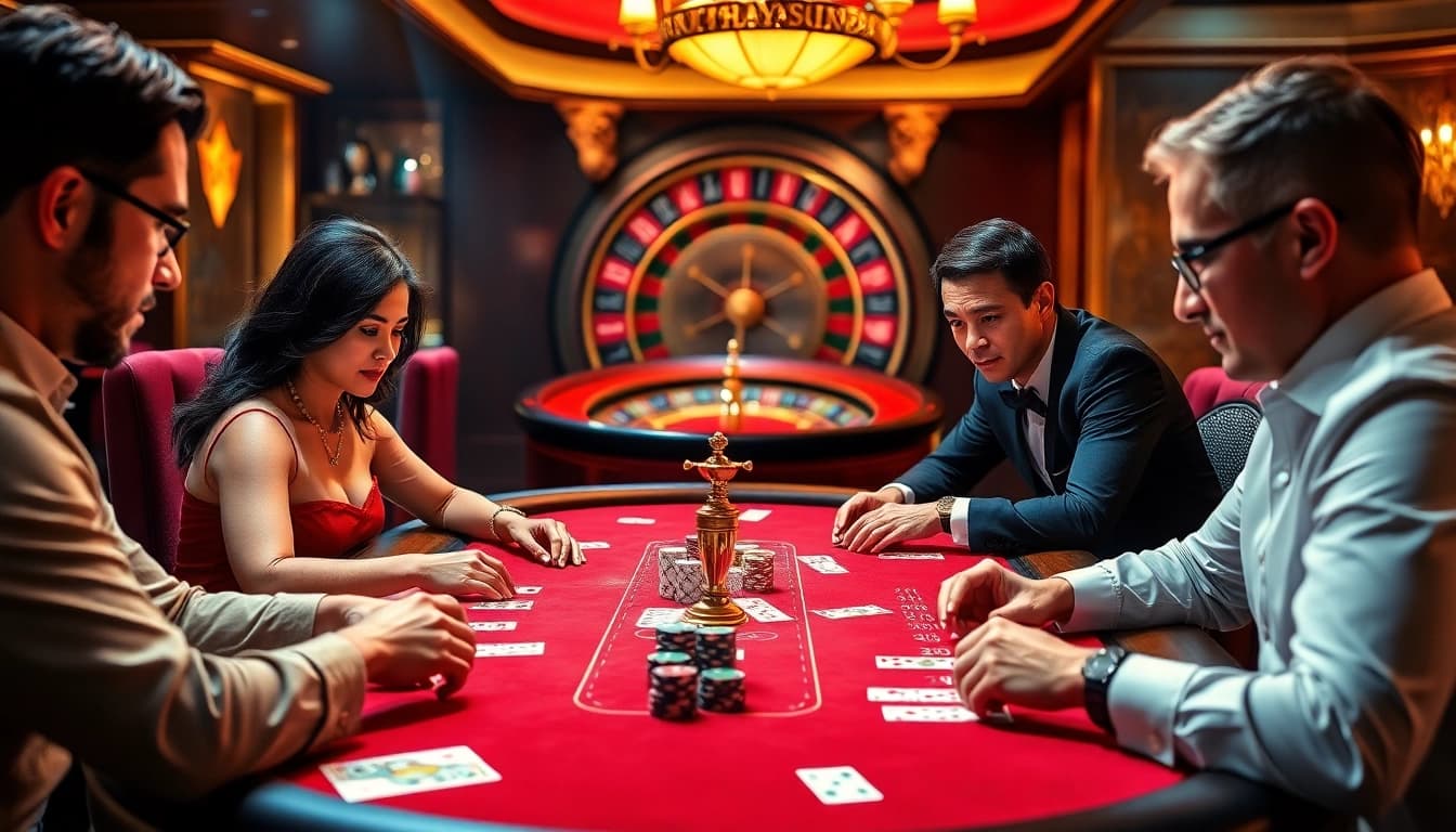 Gamblers winning at Haywin's poker table in a luxurious casino setting.